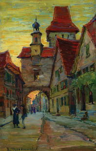 Ellsworth Woodward (American/N.O.): Ellsworth Woodward (American/New Orleans, 1861-1939), "Evening Rothenburg", oil on board, signed lower left, titled en verso, "Jean Bragg Gallery" label with artist and title on backing paper, 22 in.