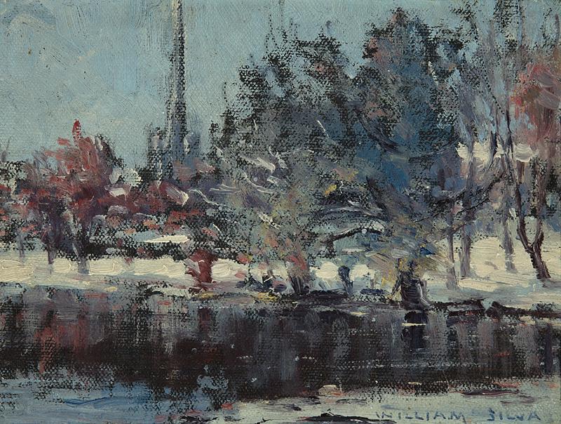 William Posey Silva (American): William Posey Silva (American, 1859-1948), "Winter", oil on canvas board, signed lower right, partial title en verso, "Karsner's Art Shop, Savannah, GA" label on frame, 6 in. x 8 in., framed