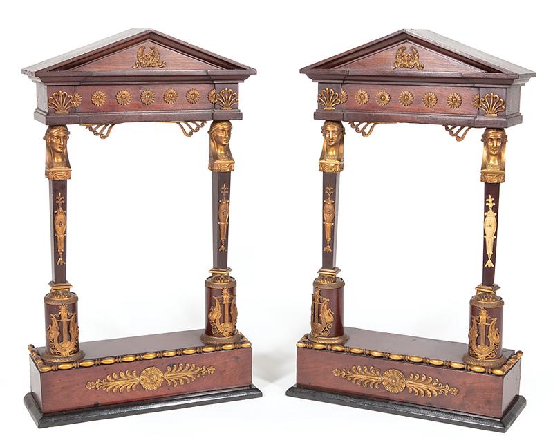 Carved Mahogany and Bronze Brackets: Pair of Decorative Empire-Style Carved Mahogany and Bronze Brackets, each in the form of classical portico, h. 20 1/2 in., w. 12 1/2 in., d. 4 1/4 in