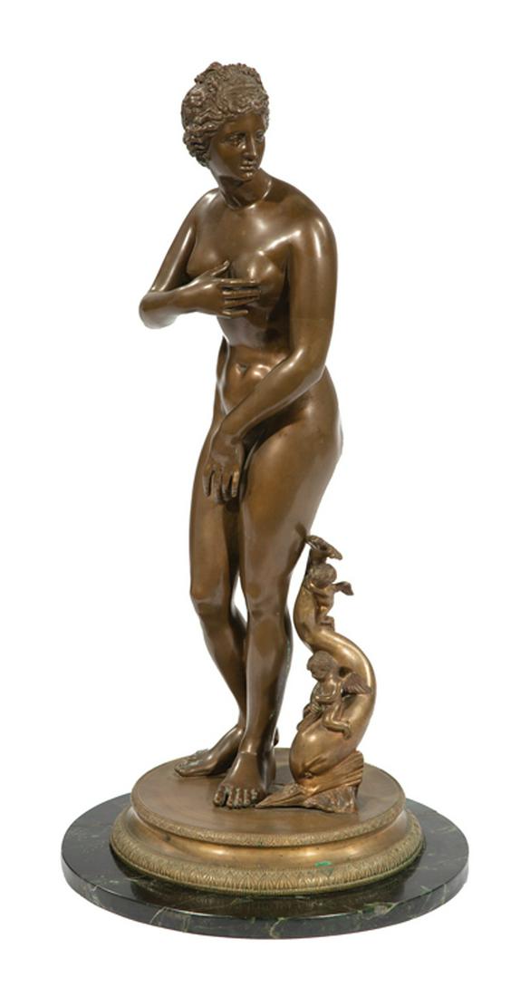 Bronze Figure of the Venus de' Medici: Bronze Figure of the Venus de' Medici, after the antique in The Uffizi, Florence, inscribed "Chivrzzi Napoli" on self-base, h. 24 1/2 in., w. 8 in., d. 5 in., marble base, overall h. 25 in . Provenanc