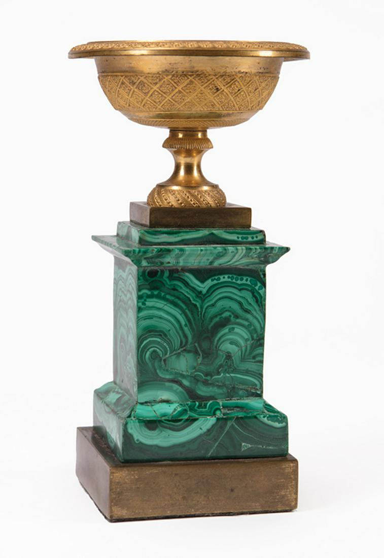 French Gilt Bronze Urn, Malachite Plinth: Antique Diminutive French Gilt Bronze Urn on Malachite Plinth, 19th c., h. 6 1/4 in., dia. 3 1/4 in