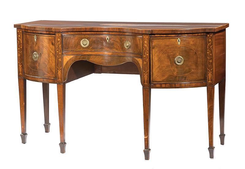 George III Inlaid Mahogany Sideboard: George III Inlaid Mahogany Sideboard, early 19th c., shaped top, conforming case, center concave drawer flanked by cabinets, urn and foliate stiles, tapered legs, spade feet, h. 36 1/2 in.,w . 60 1/2 