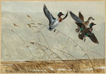 Chet Reneson (American, b. 1934): Chet Reneson (American, b. 1934), "Ducks in Flight", acrylic on masonite, signed lower left, 13 in. x 17 in., framed