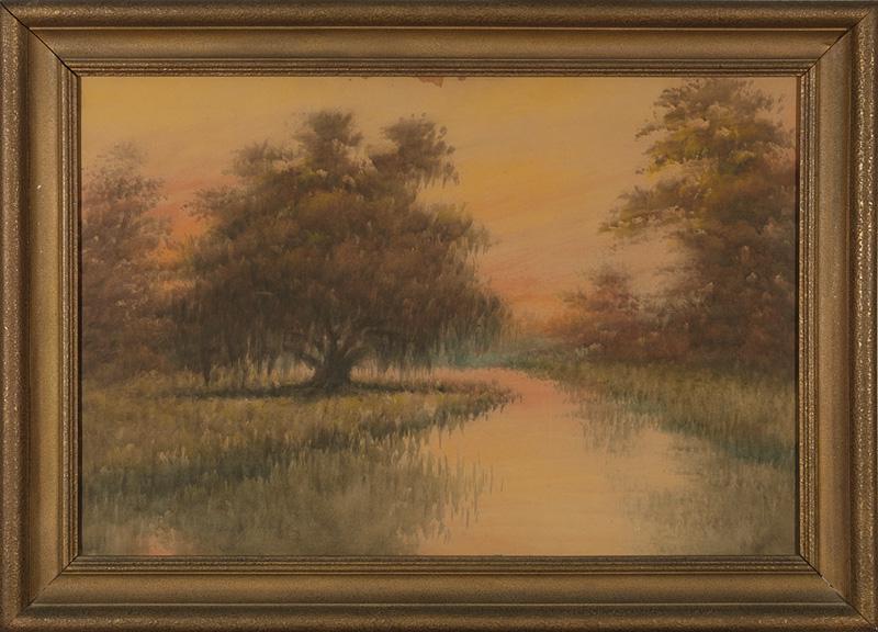 Alexander John Drysdale (American/N.O.): Alexander John Drysdale (American/New Orleans, 1870-1934), "Bayou Scene at Sunset", oil wash on board, signed lower left, 20 in. x 30 in., framed