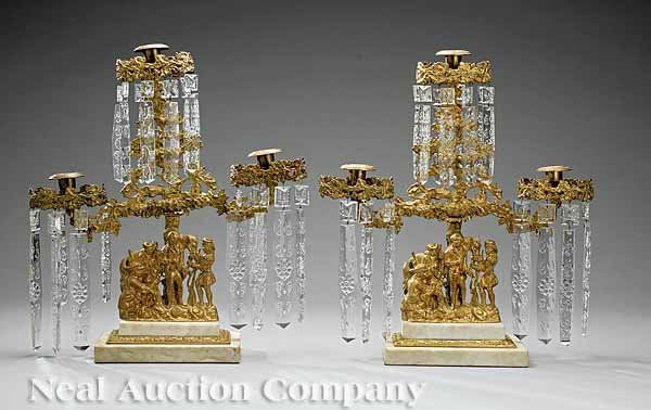 Pair American Gilt Brass, White Marble Girandoles: A Pair of American Gilt Brass and White Marble Girandoles with "The Capture of Major Andre" , c. 1856-1865, by Starr, Fellows & Co., New York, the tree trunk and branch standard supporting three candl