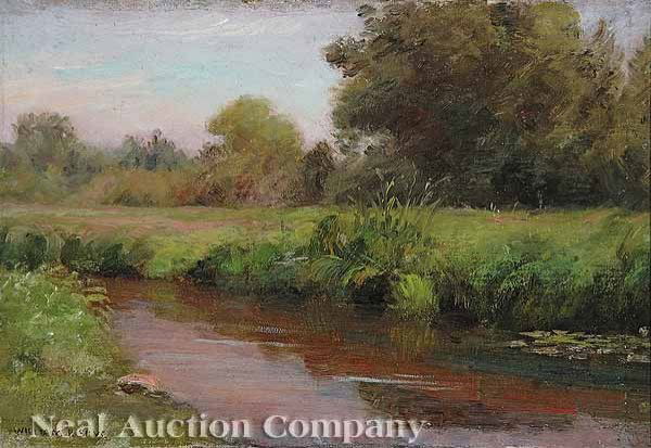 William Posey Silva (American/Georgia, 1859-1948): William Posey Silva (American/Georgia, 1859-1948) , "The Meandering Stream", oil on canvas affixed to board, signed lower left, 9 in. x 13 in., in a period frame * NO RETURNS ARE ACCEPTED ON THE BASIS