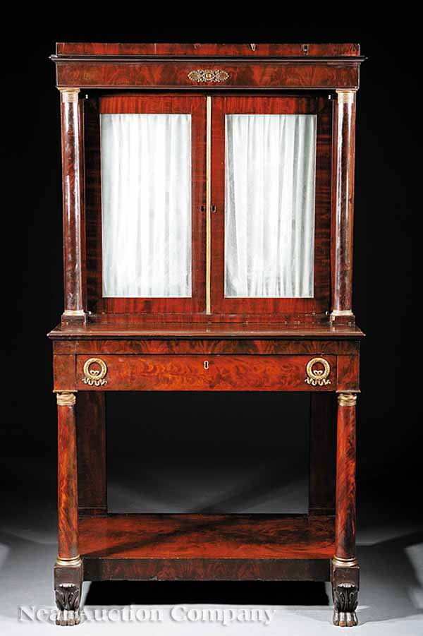 Classical Gilt Bronze-Mounted Mahogany Cabinet: A Good American Classical Gilt Bronze-Mounted Mahogany Cabinet , early 19th c., attributed to Duncan Phyfe, New York, molded cornice, mounted frieze, pair of glazed doors enclosing a divided interior,