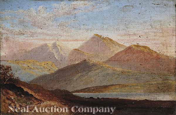 David Johnson (American, 1827-1908): David Johnson (American, 1827-1908) ,"Mountainous Landscape", oil on canvas, monogrammed lower right, Christie's label en verso, 8 in. x 12 in., in a period gilt frame * NO RETURNS ARE ACCEPTED ON THE