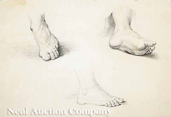 Edward Lear (British, 1812-1888): Edward Lear (British, 1812-1888) , "Academy Studies of Male Feet", pencil on labeled Bristol board, blind-stamped lower left, sketchily signed en verso, and dated "9-2/1836", 7 1/4 in. x 11 in. * NO R