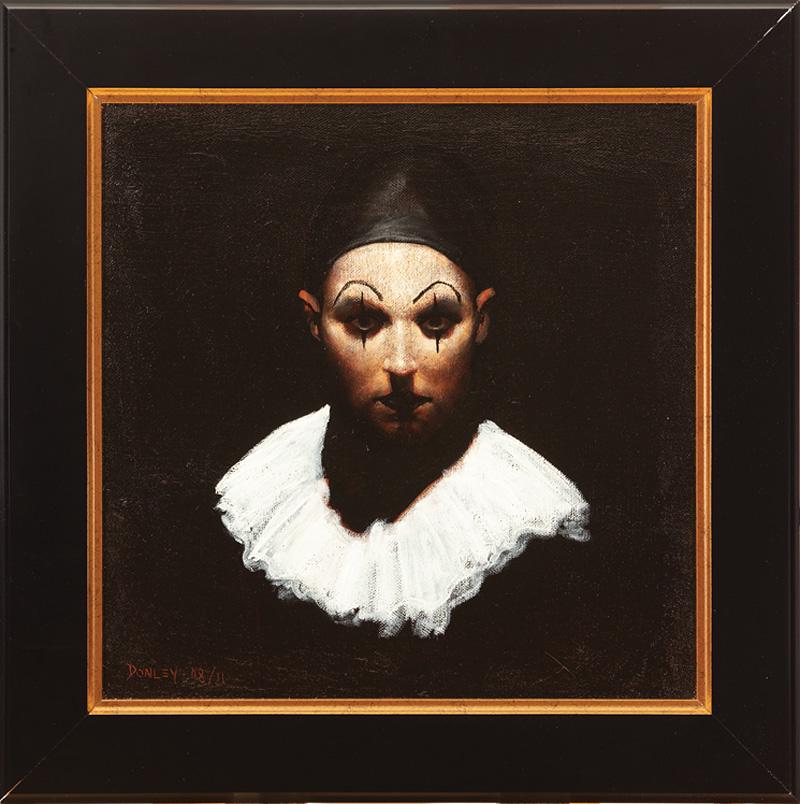 Ray Donley (American/Texas, b. 1950): Ray Donley (American/Texas, b. 1950) , "Pierrot (No. 2)", 2008/2011, oil on canvas, signed and dated lower left, signed, dated and inscribed "Austin, TX" en verso, 18 in. x 18 in., framed