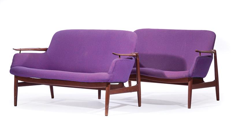 Pair of Finn Juhl Model NV-53 Settees: Pair of Finn Juhl Model NV-53 Settees , designed 1953, produced by Niels Vodder, Copenhagen, teak, brass, original wool upholstery, branded CABINETMAKER NIELS VODDER/COPENHAGEN DENMARK/DESIGN FINN JUH