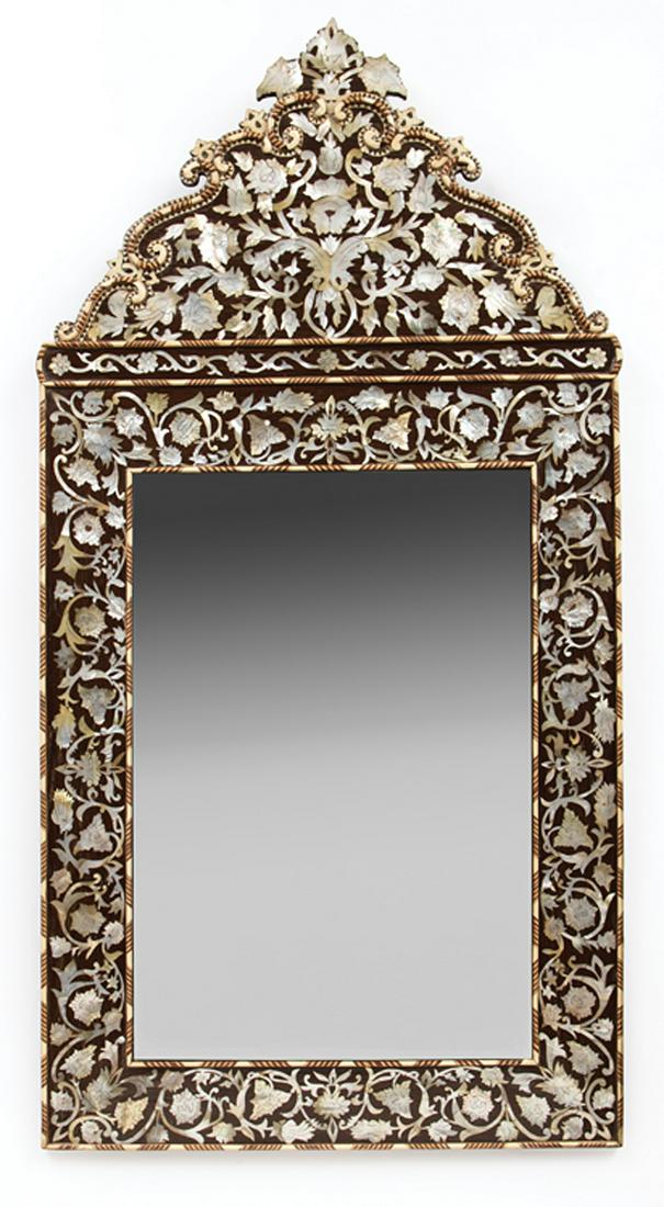 Moroccan Mother-of-Pearl and Bone-Inlaid Mirrors: Pair of Antique Moroccan Mother-of-Pearl and Bone-Inlaid Mirrors , high crest with applied scrolls, molded surround, h. 51 1/2 in., w. 26 5/8 in