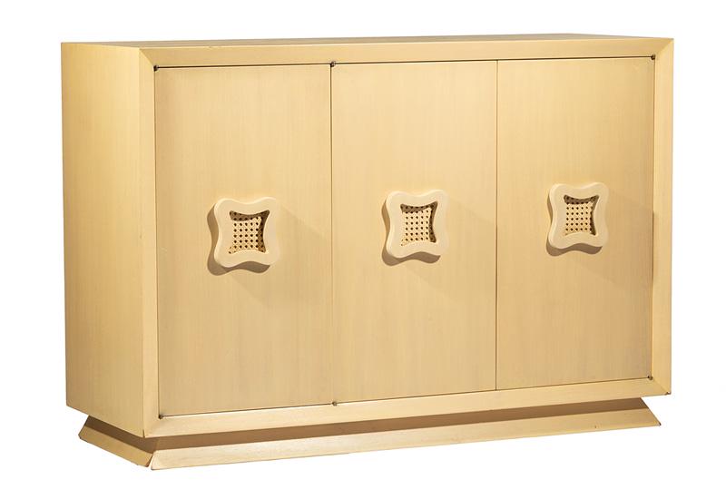 Bleached Mahogany Credenza: Bleached Mahogany Credenza , mid-20th c., attr. to Paul Laszlo, interior fitted with four drawers, and adjustable shelf, h. 37 in., w. 54 in., d. 20 in