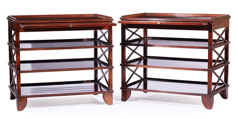 Rose Tarlow Melrose House Mahogany Nightstands: Pair of Rose Tarlow Melrose House "Pemberly" Mahogany Nightstands , 20th c., galleried top, sliding shelf, over three shelves, X supports, h. 29 in., w. 32 in., d. 21 in