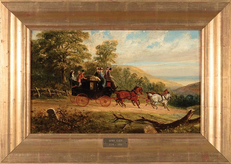 Attributed to Henry Thomas Alken, Sr. (British): Attributed to Henry Thomas Alken, Sr. (British, 1785-1851) , "The Brighton to London Coach", oil on board, unsigned, 11 3/8 in. x 18 1/2 in., framed with artist plaque . Provenance: Oaklawn Manor, Fra