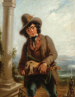 Attributed to William Mulready R.A. (British): Attributed to William Mulready R.A. (British, 1786-1863) , "Boy with Hurdy-Gurdy", oil on canvas, unsigned, artist name inscribed on stretcher, 24 1/8 in. x 20 in., framed with brass artist plaque