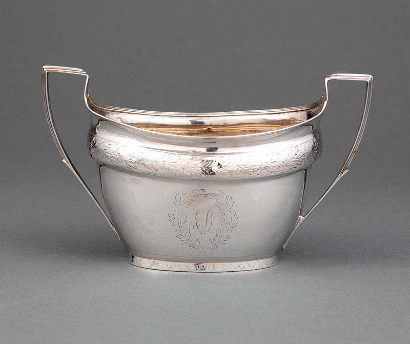George III Sterling Silver Sugar Bowl: George III Sterling Silver Sugar Bowl , London, marks rubbed, reeded handles, bright-cut decoration, h. 4 3/4 in., w. 8 1/8 in., wt. 6.45 troy ozs . Provenance: Schwitz Collection, Franklin, LA