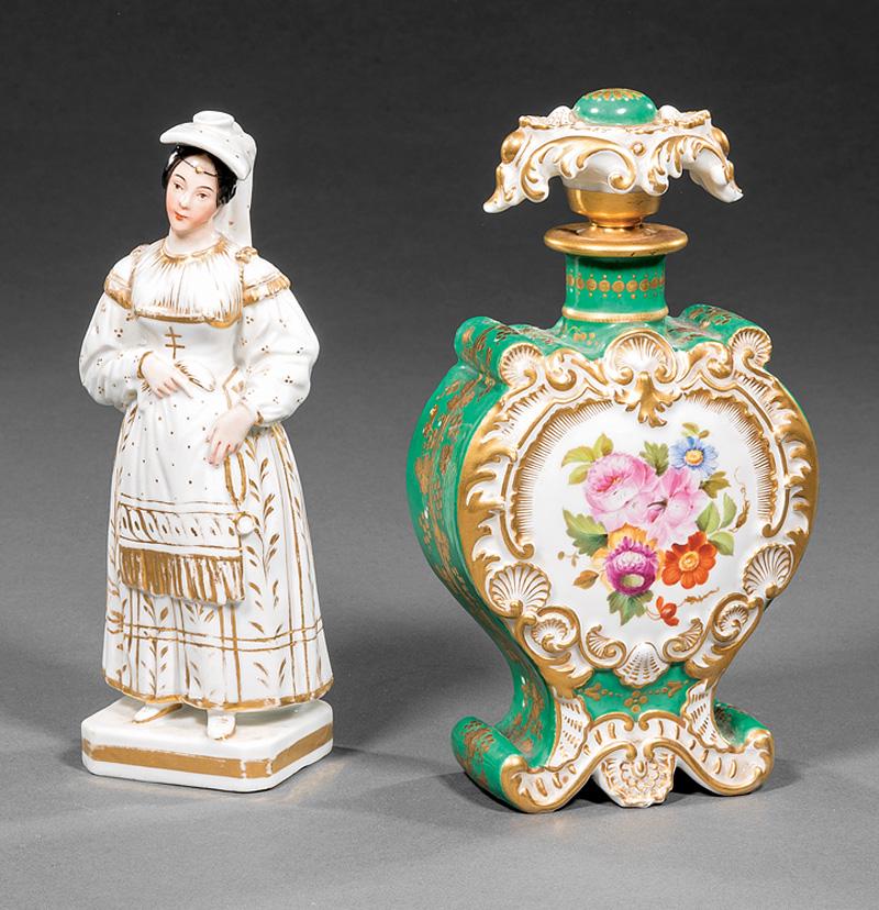 Two Jacob Petit Paris Porcelain Scent Bottles: Two Jacob Petit Paris Porcelain Scent Bottles , mid-to-late 19th c., both marked "JP", incl. figural, h. 6 7/8 in.; and heart form with polychrome floral reserves, h. 7 1/2 in., w. 4 in. Note: former