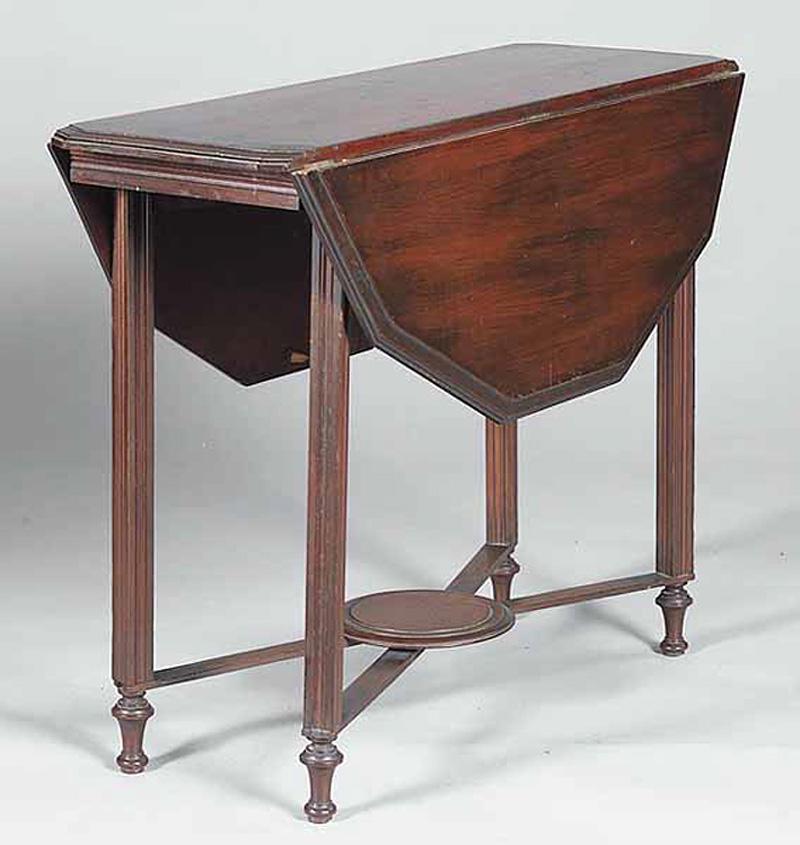Classical Revival-Style Drop Leaf Side Table: Classical Revival-Style Drop Leaf Side Table , late 19th c., twelve-sided, hinged reeded legs, X stretcher centered by a roundel, h. 26 in., w. 34 in., d. (closed) 11 in. Condition: Not structurally s