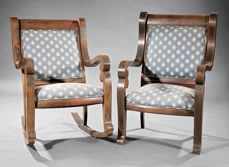 American Late Classical Carved Mahogany Armchair: American Late Classical Carved Mahogany Armchair and Rocker , c. 1840, heavily scrolled arms and legs , h. 41 in., w. 26 1/4 in., d. 25 in. Provenance: Williamson-LeBlanc Collection, Natchez, MS IMPOR