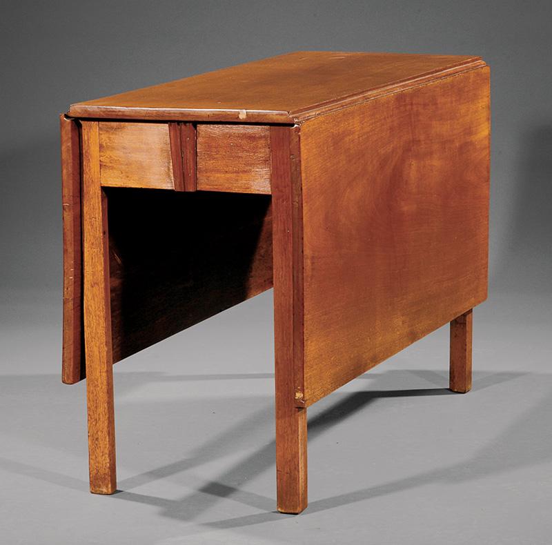 English Walnut Drop-Leaf Dining Table: English Walnut Drop-Leaf Dining Table , 19th c., chamfered legs, h. 28 1/2 in., w. (open) 56 1/2 in., d. 43 1/2 in IMPORTANT: All purchases must be removed from our premises within 15 days of the auct