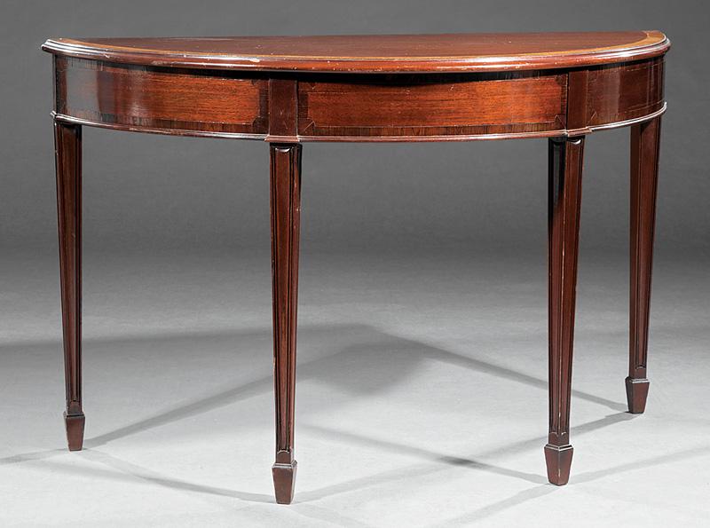 George III-Style Mahogany Demilune Table: George III-Style Mahogany Demilune Table , banded top, conforming frieze, molded tapered legs, spade feet, h. 28 1/2 in., w. 46 in., d. 19 in IMPORTANT: All purchases must be removed from our premises