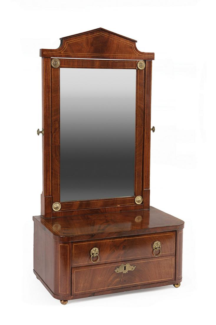 Inlaid Mahogany Dresing Mirror: Antique Regency-Style Gilt Metal-Mounted and Inlaid Mahogany Dressing Table Mirror , two drawers, pedimented top, rosette-mounted mirror, shaped case, spherule feet, h. 31 7/8 in., w. 17 in., d. 10 3/