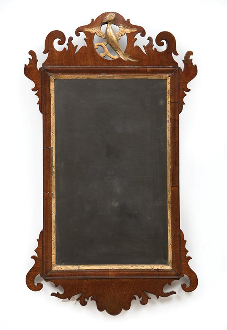 Chippendale-Style Gilded Mahogany Mirror: Antique Chippendale-Style Gilded Mahogany Mirror , scroll work surround, h. 27 1/2 in., w. 15 1/2 in. Condition: Structuraly sound. Minor repairs. Scattered shrinkages. Chips, nicks, abrasions, and im