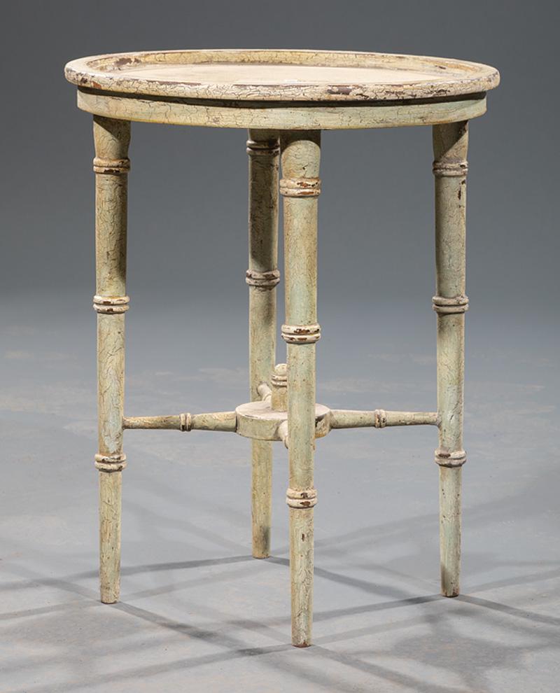 Decorative Polychromed Occasional Table: Decorative Polychromed Occasional Table , tray top, turned legs, X stretcher with finialed disc, h. 19 in., dia. 14 3/4 in. Condition: Structurally sound. Scattered wear, abrasions, marks, nicks, and 