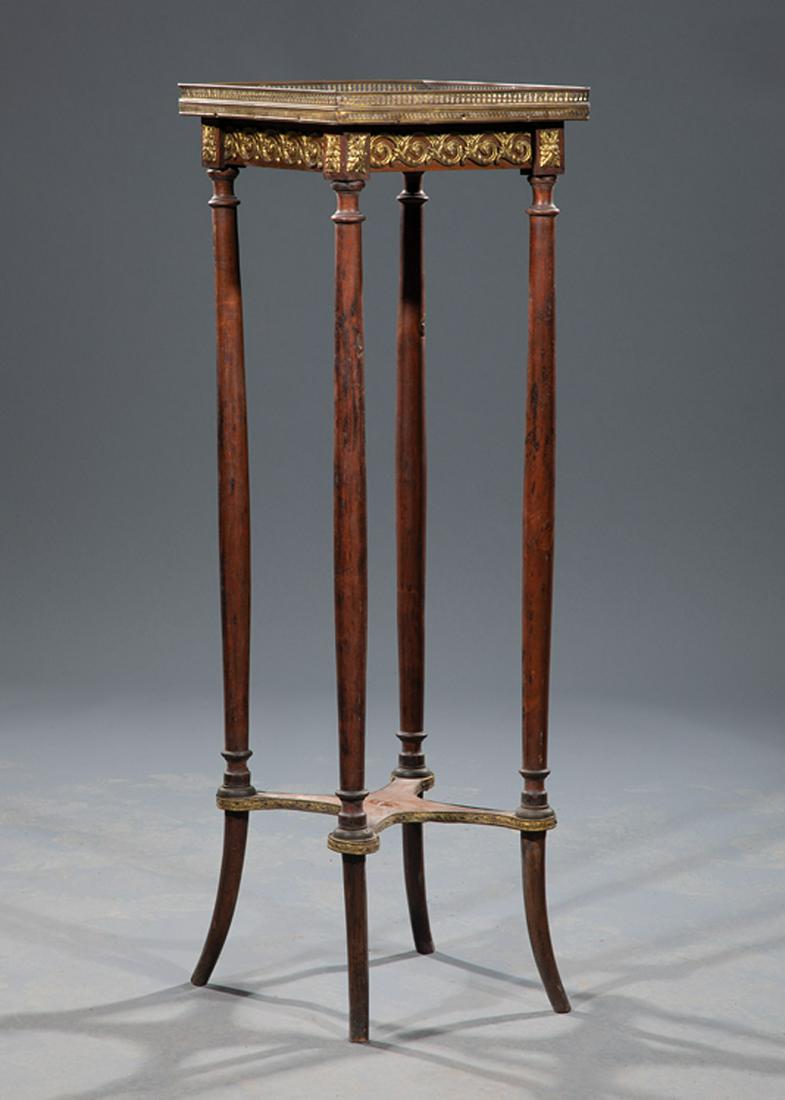 Louis XVI-Style Gilt Bronze-Mounted Fern Stand: Louis XVI-Style Gilt Bronze-Mounted Fern Stand , c. 1860, galleried rouge marble top, turned legs, outswept feet, incurvate X-stretcher, h. 37 in., w. 12 in. square. Condition: Looseness in frame, not