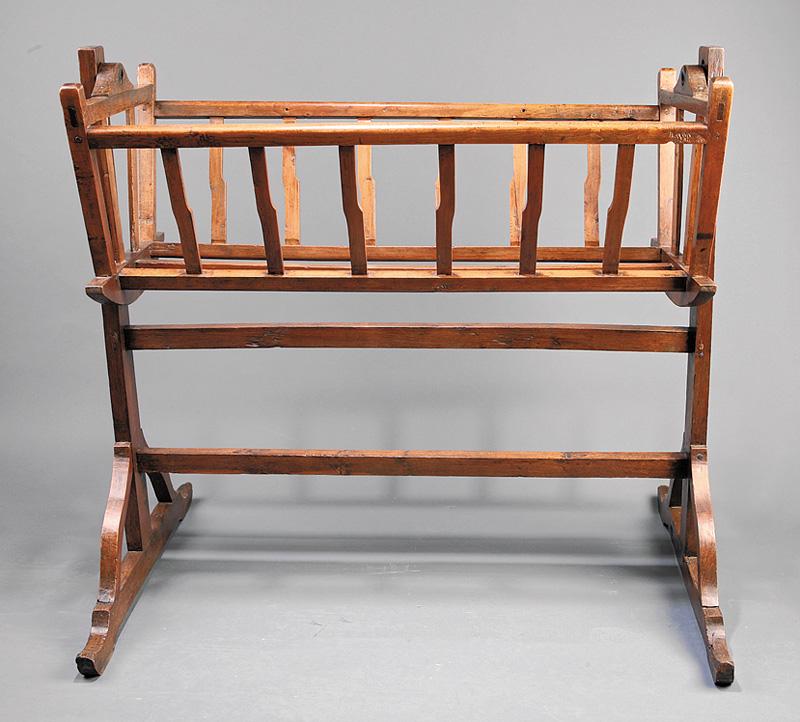 French Carved Ash Berceau: French Carved Ash Berceau , 19th c., pegged construction, trestle base, arched legs, upturned feet, h. 39 in., w. 41 3/4 in., d. 28 3/8 in IMPORTANT: All purchases must be removed from our premises wi