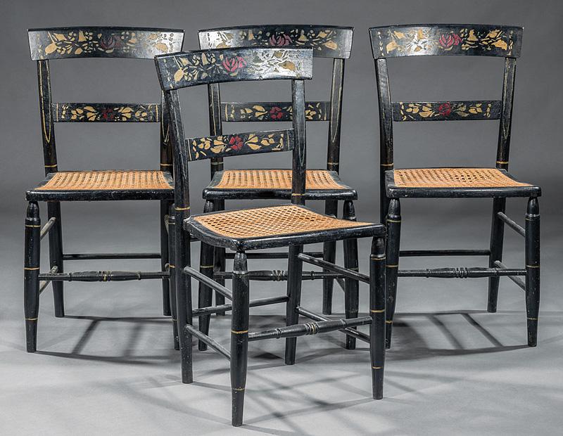 Four Continental Painted Side Chairs: Four Antique Continental Painted Side Chairs , floral motif slatted back, caned seat, turned legs and stretcher, h. 32 1/2 in., w. 17 1/4 in., d. 15 in. Provenance: Bremermann Designs, 3943 Magazine S