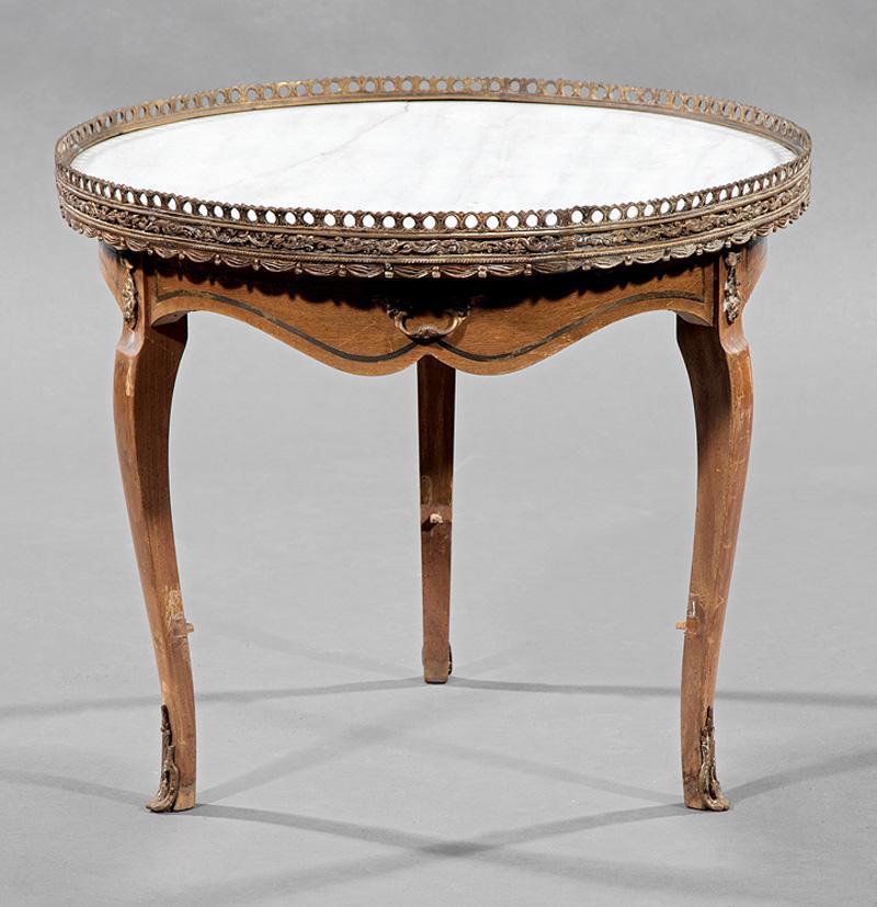 Gilt Metal-Mounted Fruitwood Bouillotte Table: Louis XV-Style Gilt Metal-Mounted Fruitwood Bouillotte Table , mid-20th c., circular galleried marble top, shaped skirt, frieze drawer, cabriole legs, sabots, h. 18 1/2 in., dia. 21 1/2 in Condition: 