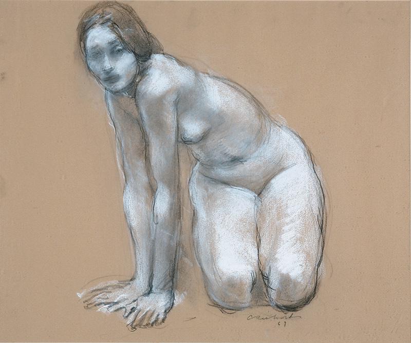 Charles Whitfield Richards (American/Louisiana): Charles Whitfield Richards (American/Louisiana, 1906-1992) , "Kneeling Nude", 1969, charcoal and pastel on paper, signed and dated lower right, sight 17 1/2 in. x 21 in., framed . Condition Report: So
