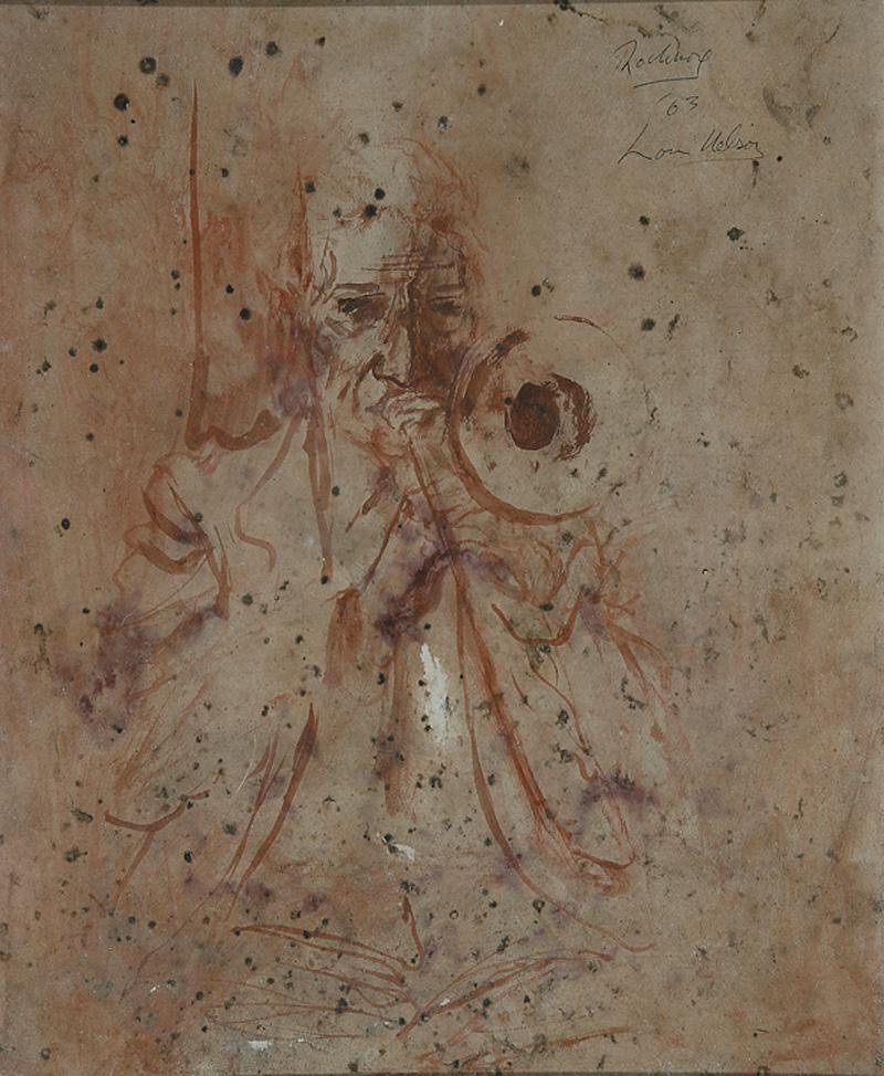 Noel Rockmore (American/New Orleans, 1928-1995): Noel Rockmore (American/New Orleans, 1928-1995) , "Lou Nelson (1902-1990)", 1963, watercolor on paper, signed, titled and dated upper right, vintage newspaper clipping "Upbeat for Old Jazz" en verso,