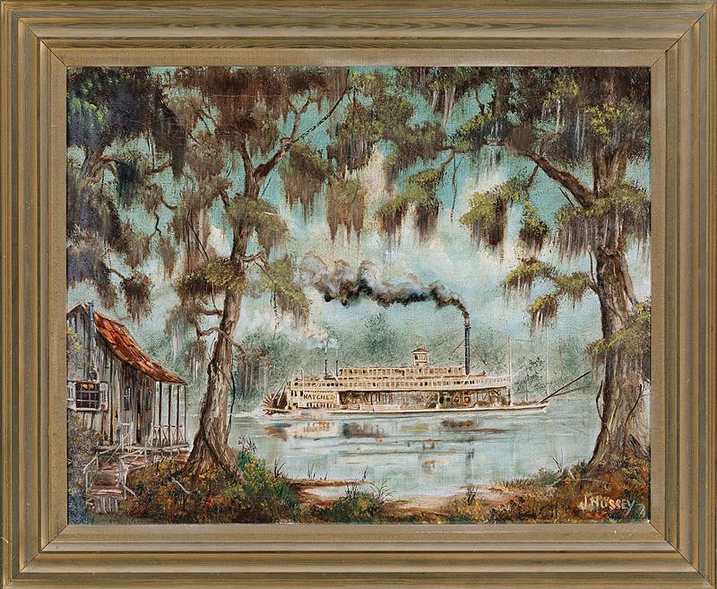James Hussey (American/Louisiana, b. 1931): James Hussey (American/Louisiana, b. 1931) , "Steamboat Natchez Traveling through the Bayou", 1974, oil on canvas, signed and dated lower right, 22 in. x 28 in., framed . Condition Report: No signs of