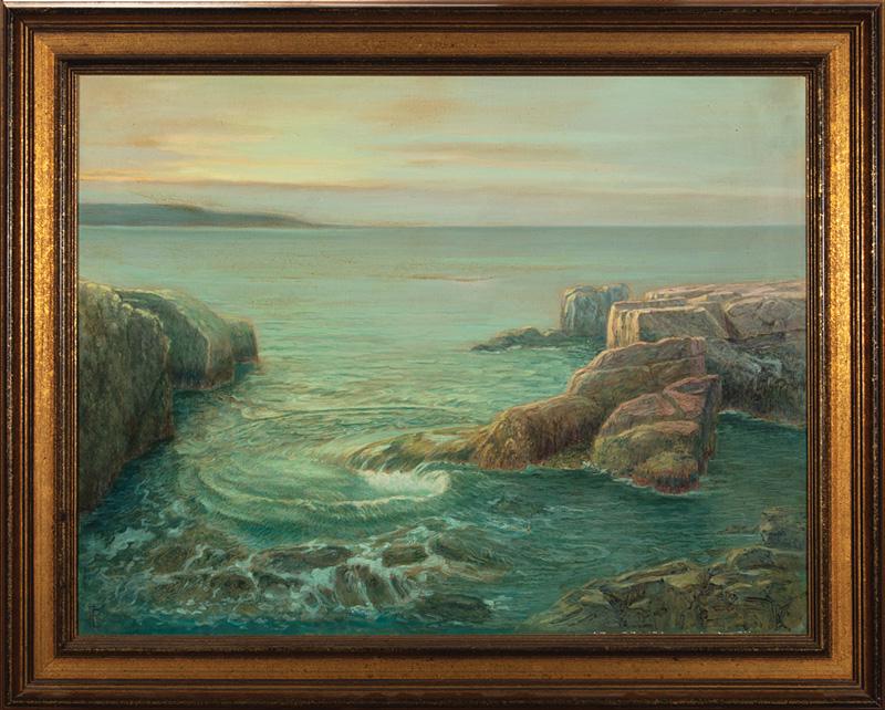 Fritz Franz Engel (German/American, 1877-1956): Fritz Franz Engel (German/American, 1877-1956) , "Mount Desert Island", 1928 and "Sunrise with Rough Sea", 2 oils on canvas, former initialed lower left, titled and dated on stretcher, "The Fine Arts 