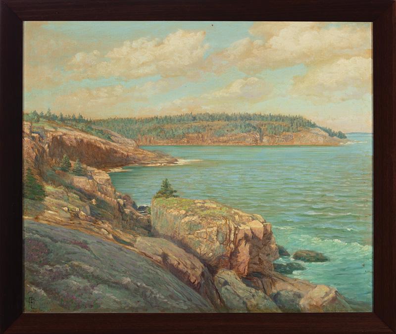 Fritz Franz Engel (German/American, 1877-1956): Fritz Franz Engel (German/American, 1877-1956) , "Desert Mount Island", 1931 and "Rocky Cliff with Trees", 2 oils on canvas, each initialed lower left, former titled and dated on stretcher, 20 in. x 2