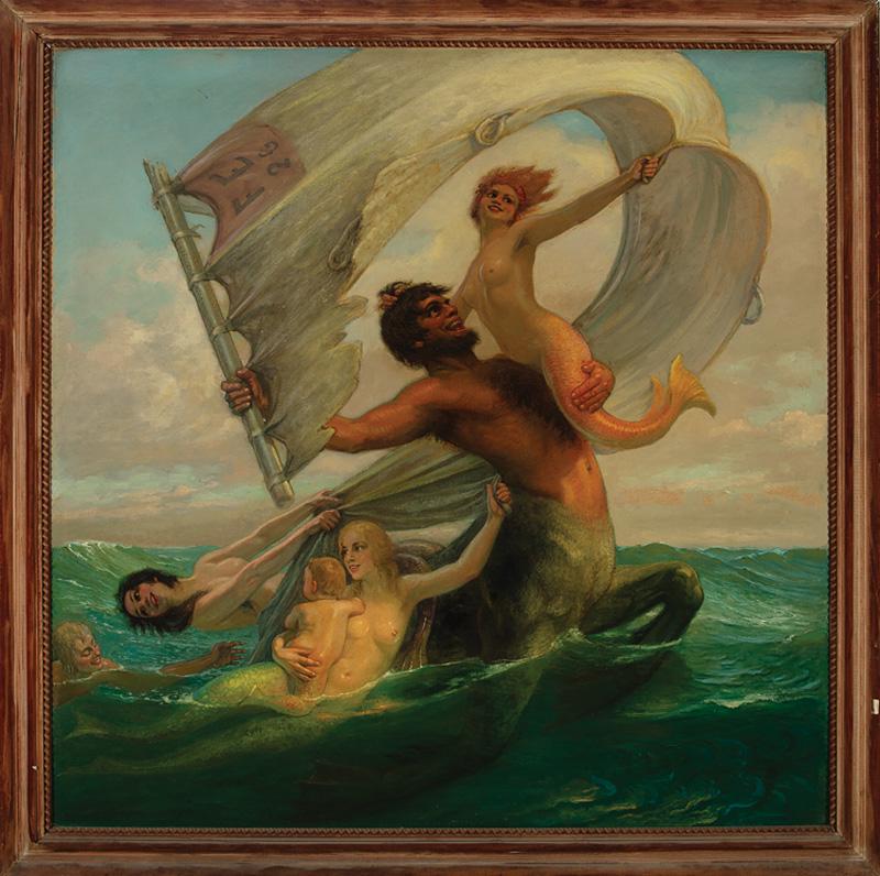 Fritz Franz Engel (German/American, 1877-1956): Fritz Franz Engel (German/American, 1877-1956) , "Triton with Nereids", 1926, oil on panel, initialed and dated upper left (in sail), handwritten label on reverse of frame, 48 in. x 48 in., framed . C