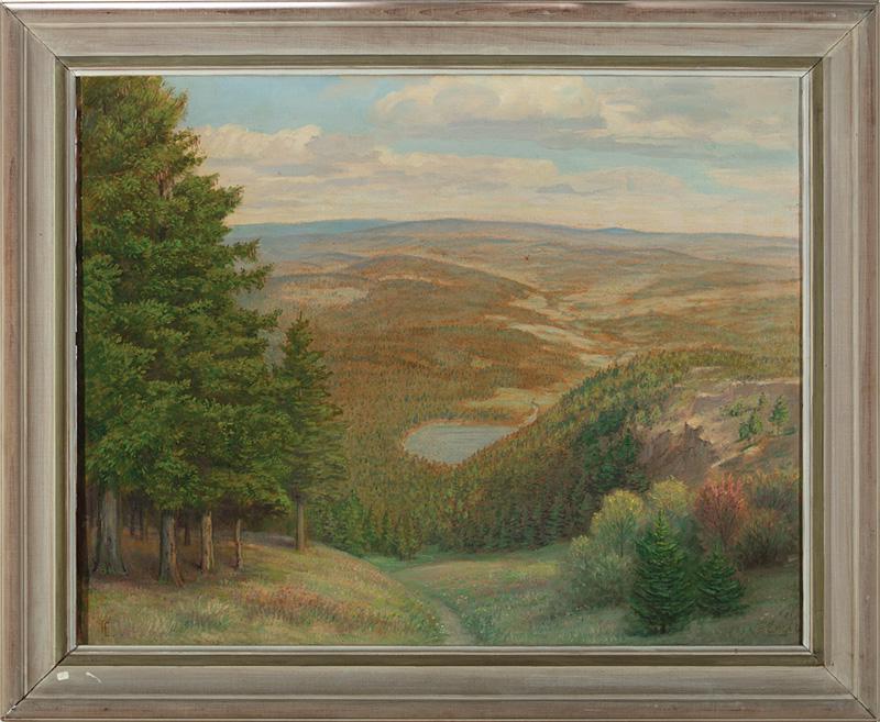 Fritz Franz Engel (German/American, 1877-1956): Fritz Franz Engel (German/American, 1877-1956) , "Maine Mountain View", oil on canvas, signed lower right, initialed lower left, handwritten label on stretcher, 26 in. x 33 1/8 in., framed . Condition