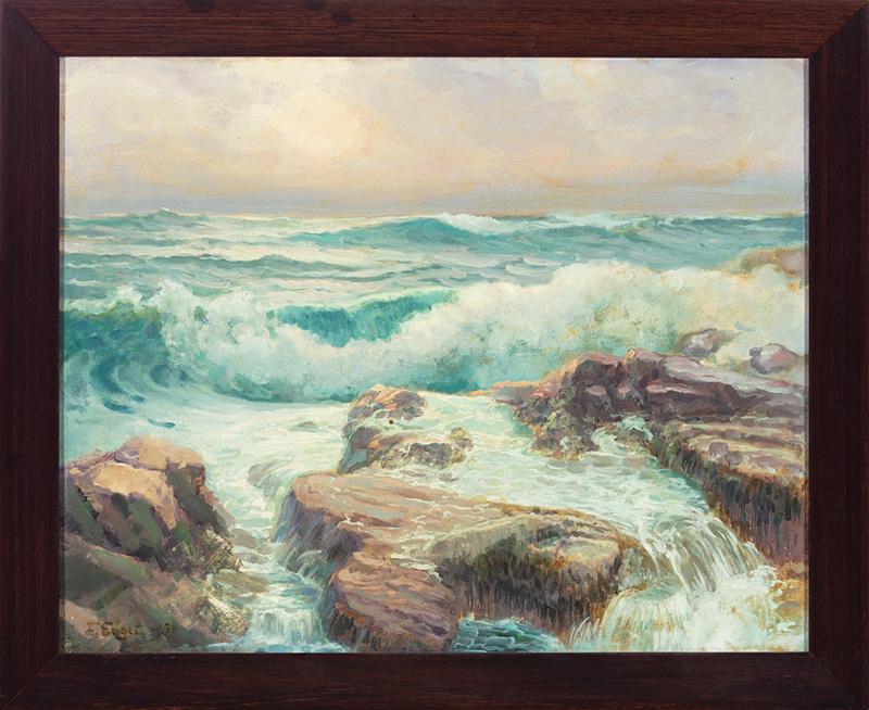 Fritz Franz Engel (German/American, 1877-1956): Fritz Franz Engel (German/American, 1877-1956) , "Maine Seascape", 1930, oil on board, signed and dated lower left, 16 in. x 20 in.; and "On Shore Northeastern Storm", oil on board, initialed lower ri