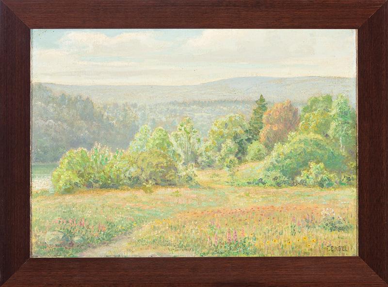 Fritz Franz Engel (German/American, 1877-1956): Fritz Franz Engel (German/American, 1877-1956) , "Path to Otter Creek", oil on canvas, signed lower right, handwritten label on stretcher, 12 in. x 17 in.; and "Beach Scene with Trees", oil on panel, 
