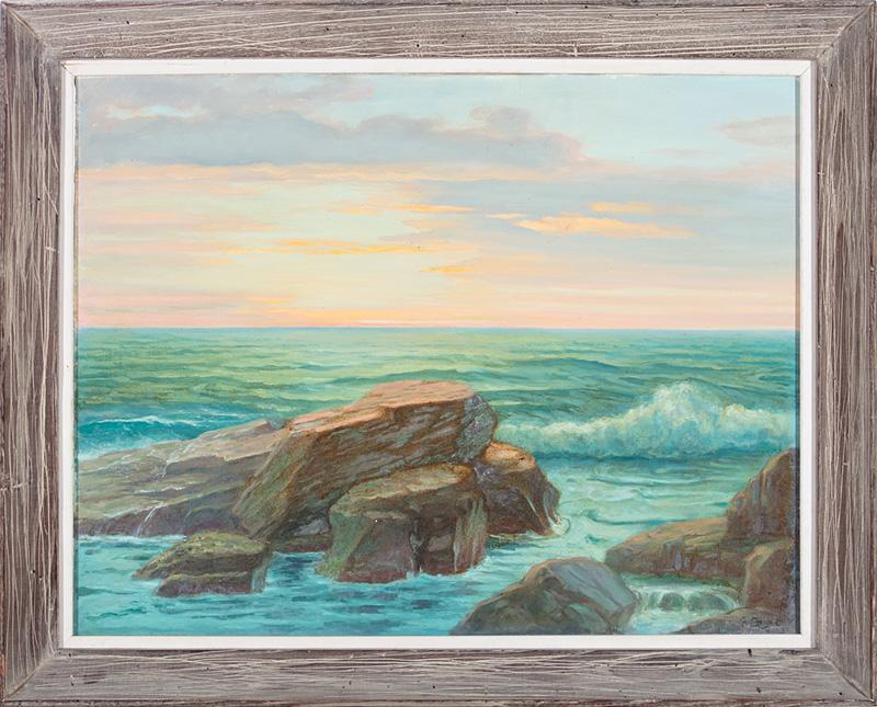 Fritz Franz Engel (German/American, 1877-1956): Fritz Franz Engel (German/American, 1877-1956) , "Rocks and Ocean at Sunset", 1930, oil on canvas, signed and dated lower right, 20 in. x 26 in.; and "Bay Inlet with Rocks and Trees", oil on canvas bo
