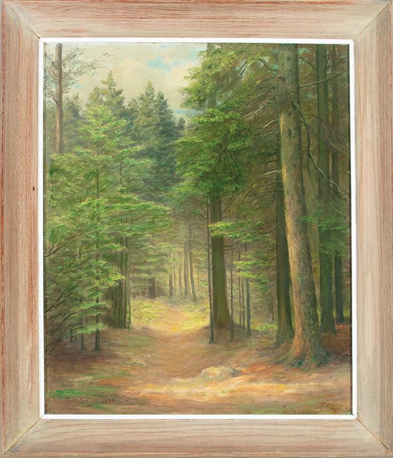 Fritz Franz Engel (German/American, 1877-1956): Fritz Franz Engel (German/American, 1877-1956) , "Wooded Path to Otter Cliff", 1929, oil on canvas, signed and dated lower right and left, label with artist and title on frame, handwritten label with 