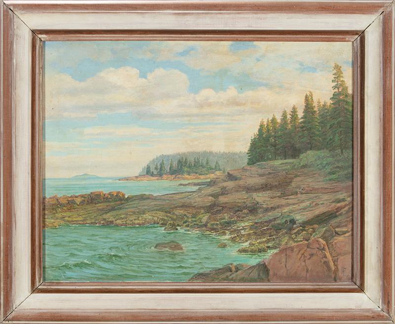 Fritz Franz Engel (German/American, 1877-1956): Fritz Franz Engel (German/American, 1877-1956) , "Bar Harbor", 1930 and "Ocean Drive Path and Cadillac Mountain in Afternoon Sun, Mount Desert Island, Maine", 2 oils on canvas, each initialed lower ri