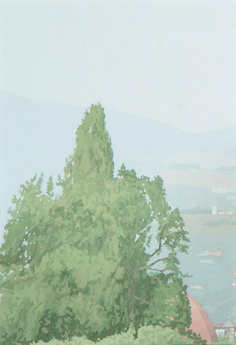 Attributed to Harold Reddicliffe (American): Attributed to Harold Reddicliffe (American, b. 1947) , "Cypress", 1986, gouache on paper, unsigned, artist name, title and date inscribed on backing paper, 8 1/4 in. x 5 7/8 in., framed . Condition Re