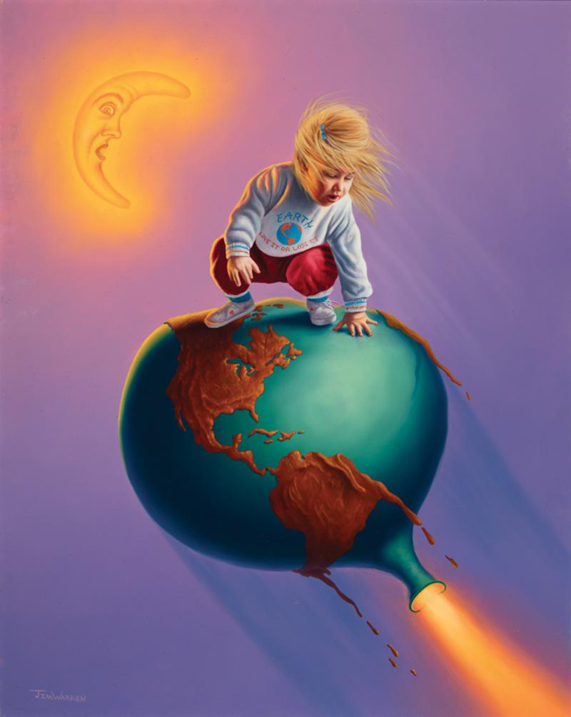 Jim Warren (American, b. 1949): Jim Warren (American, b. 1949) , "Earth Love It or Lose It" oil on canvas, signed lower left, 30 in. x 24 in., framed . Condition Report: Good condition; light surface dirt and accretions IMPORTANT: A
