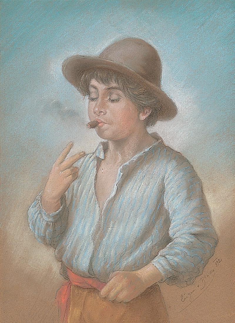 Continental School, 1892: Continental School, 1892 , "Young Boy with a Cigar", pastel on paper, bears signature "Eugen von Blaas" and dated lower right, sight 12 1/2 in. x 9 in., framed . Condition Report: Overall good conditi