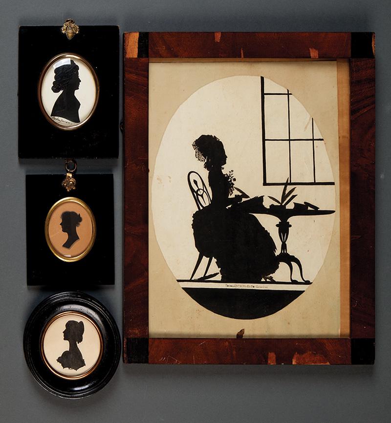 Four Silhouettes of Women: Four Antique Silhouettes of Women , 4 mixed medias on paper, one with "Torondo No. 10 Wells St. London" in typeface lower edge, one signed "Stephen Roman" lower center, sights 2 3/4 in. x 2 3/4 in. (o
