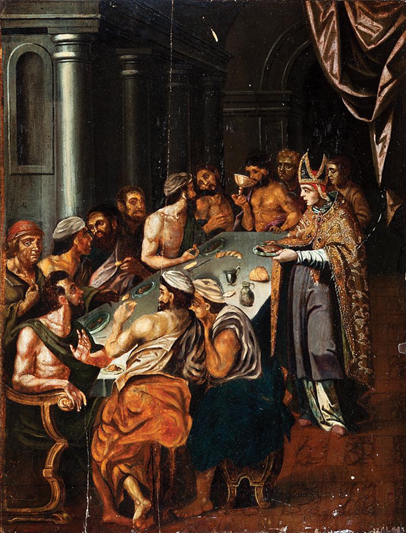 Continental School, late 19th/early 20th c: Continental School, late 19th/early 20th c ., "Feeding the Poor", oil on panel, unsigned, 27 1/4 in. x 20 3/4 in., unframed . Condition Report: Toning of the varnish layer; panel bowed; scattered loss